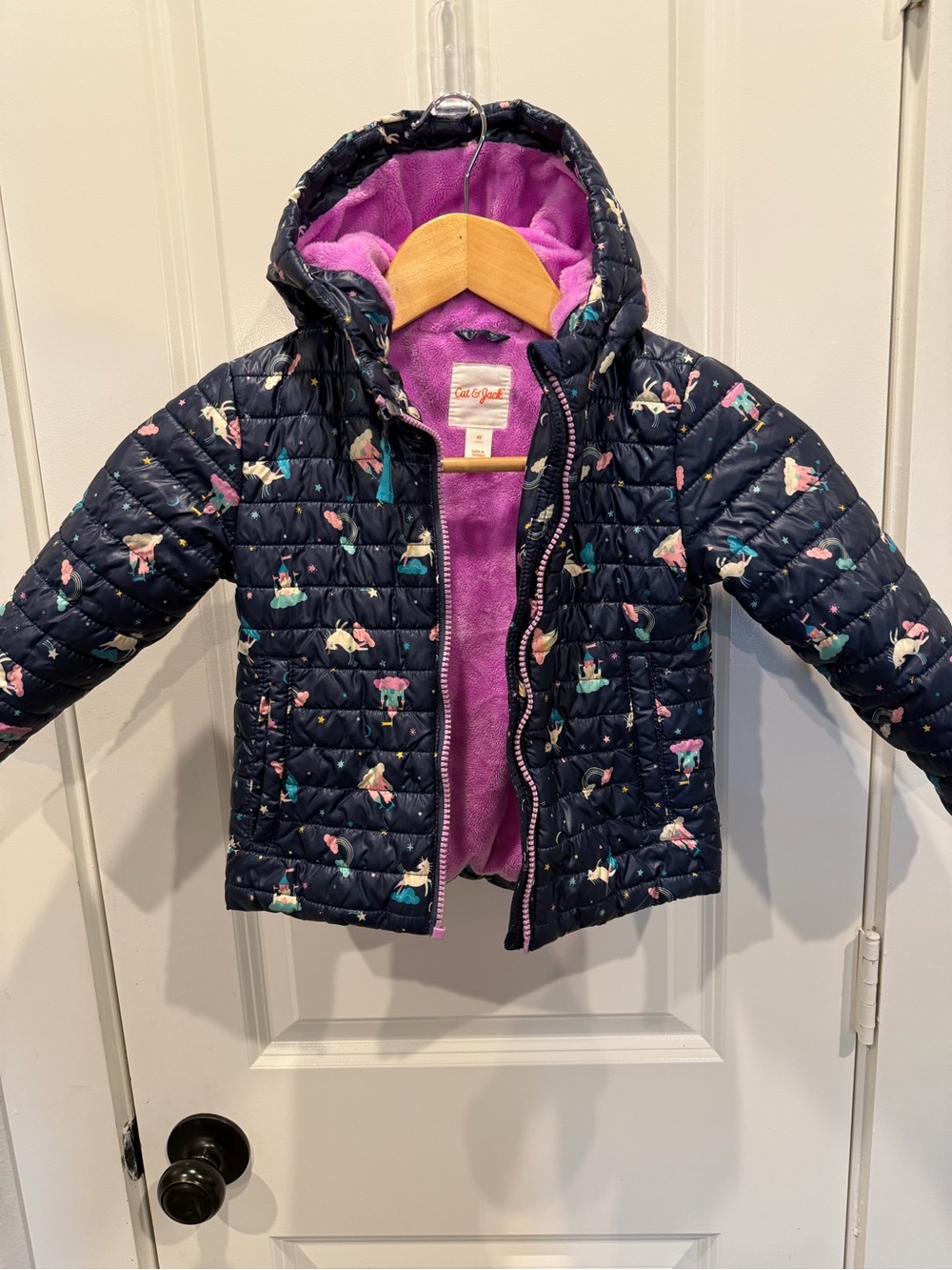Cat & Jack Navy Quilted Jacket with Pink Lining and Unicorn Print
